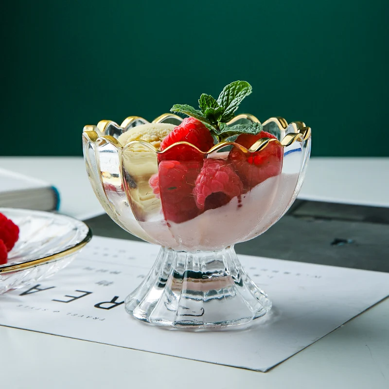 Стеклянная чашка и тарелка для мороженого с золотым ободком стеклянная миска в