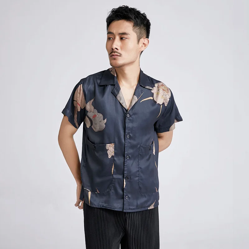 

IEFB High Quality Japan Style Silk Slip Short Sleeve Shirt Notched Collar Causal Fashion Print Blouse Single Breast Tops 9Y5477