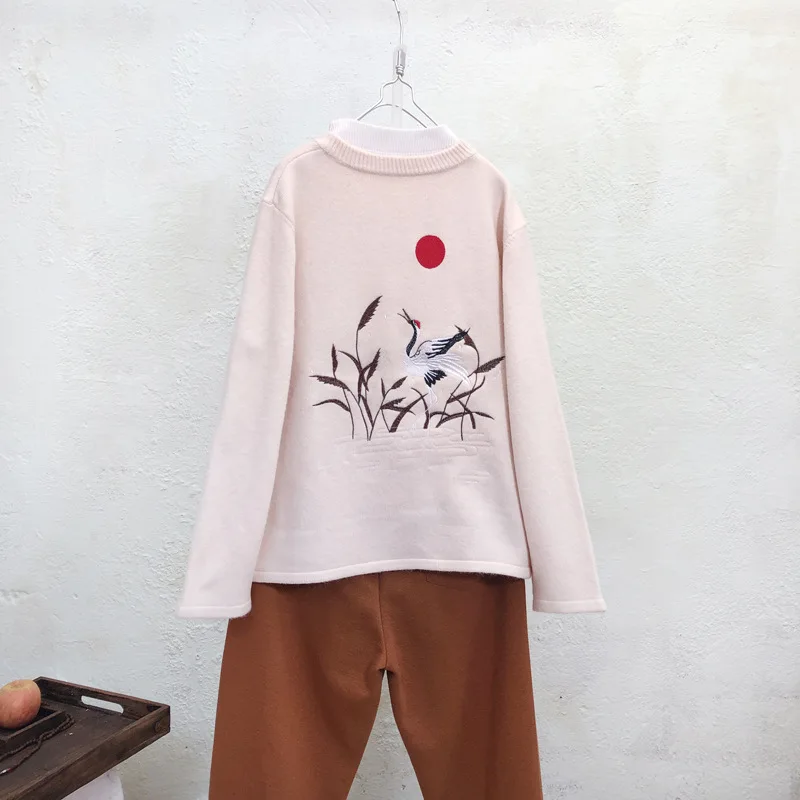 Китайский ветер ретро трикотажные топы пластины кнопки Осень Зима Женский