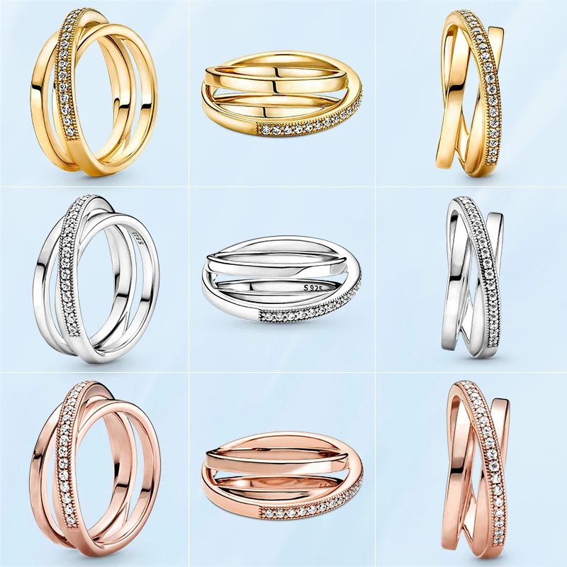 

HOT SALE Womens Rings 925 Sterling Silver Crossover Pave Triple Band Ring For Women Wedding Party Fashion Lady Jewelry Gift