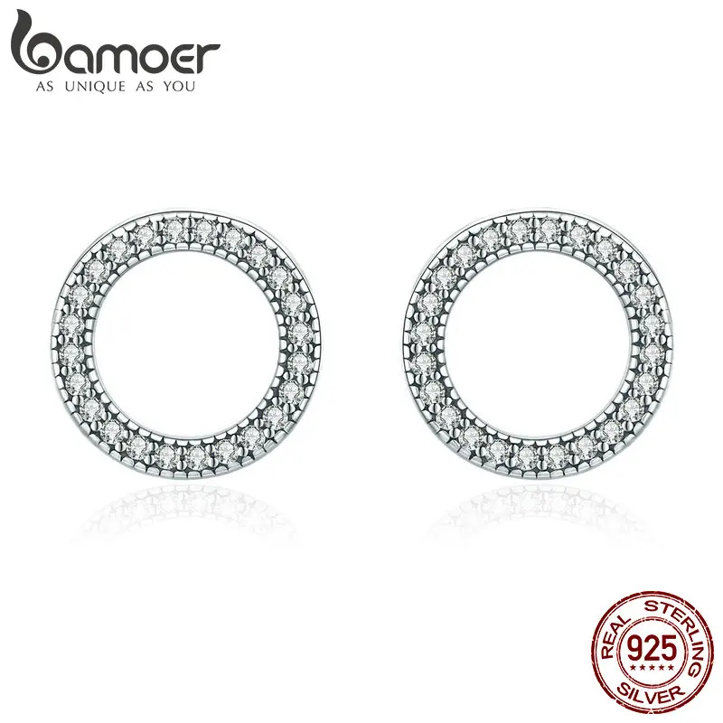 

BAMOER Hot Sale Genuine 925 Sterling Silver Luminous Round Circle Stud Earrings for Women Sterling Silver Jewelry Gift SCE417