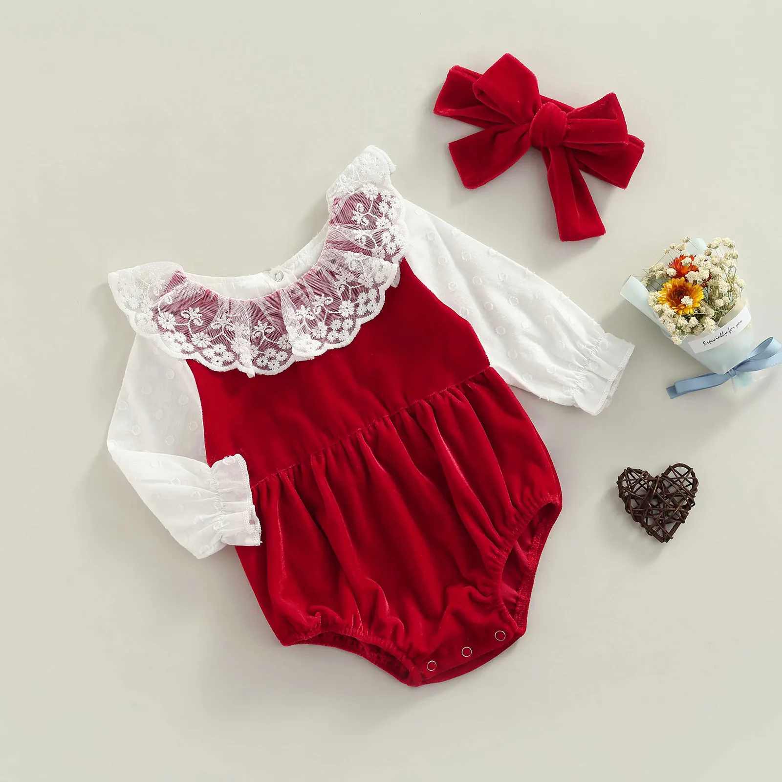

Sweety Baby Girls Boys Princess Velvet Rompers Headband Lace Peter Pan Collar Ruffles Long Sleeve Patchwork Jumpsuits 0-24M