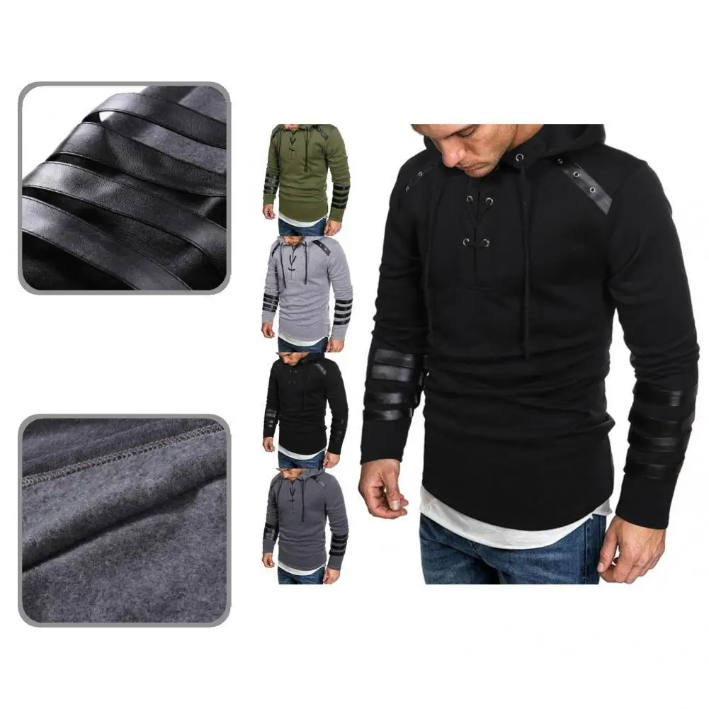 

Long Sleeve Trendy Lace Up Autumn Hoodie Slim Male Hoodie Faux Leather for Work