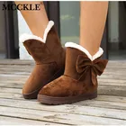 Женские зимние ботинки, зимняя обувь, теплые плюшевые повседневные меховые женские ботильоны с бантиком, Нескользящие плюшевые ботинки на плоской подошве, модные женские ботинки