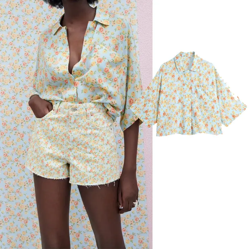

Женская блузка с цветочным принтом Za, свободная Повседневная рубашка с коротким рукавом и отложным воротником в стиле ретро, лето 2021