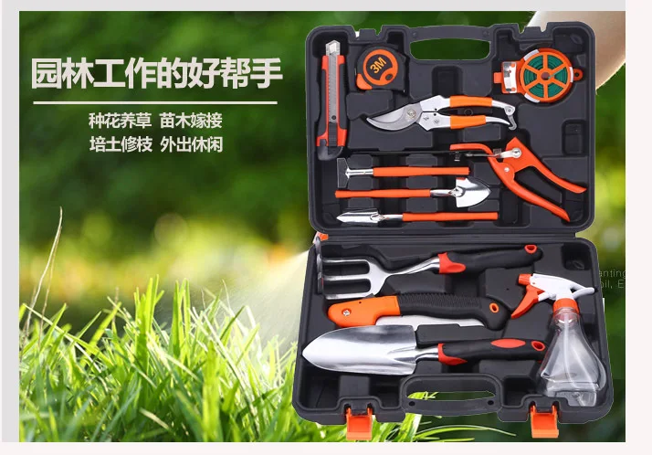 

12 pcs gardening tools, portable tools, plastic tool box, gardening gloves/digging plant tools/rake/shovel/trowel/sprayer