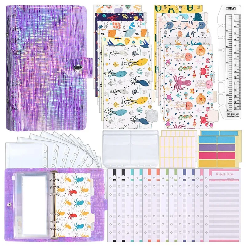 

A6 PVC Binder Cover, Budget Sheets,Storage Card Bags,Blank Stickers for 6-Ring Cash Envelopes,Daily Money Planner