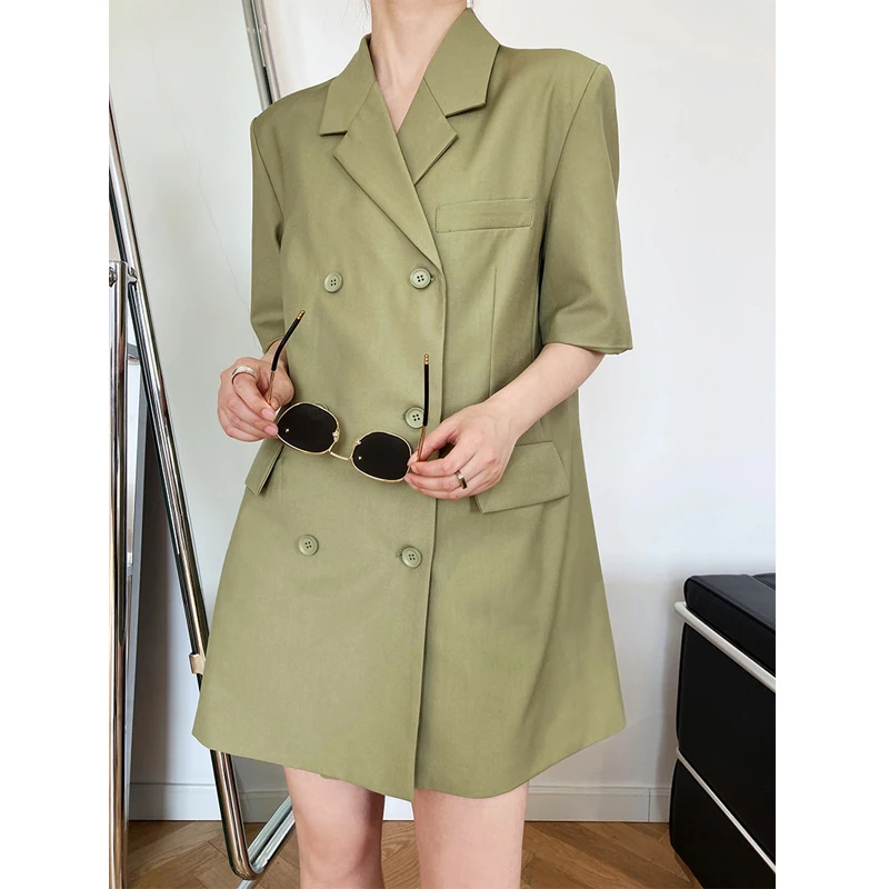 Short Sleeve Double Breasted Mid Length Blazer Coat 2021 Fashion New Notched Design Streetwear Female Casual Blazer Dresses