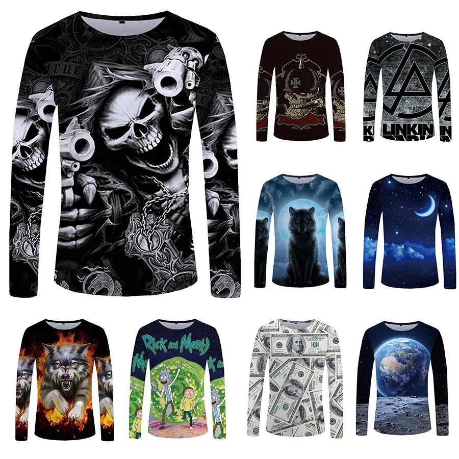 

3D Skull Digital Printing Men's Trendy Long Sleeve T-shirt Wild Round Neck Top Personalized T-shirt Autumn New