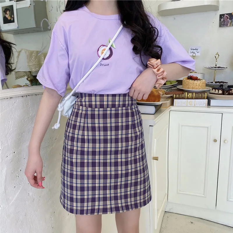

Women Grid Skirt Purple Empire Sweet Plaid Above Knee Skirt Summer Sweet Female High Waist Thin Skirt New Arrival