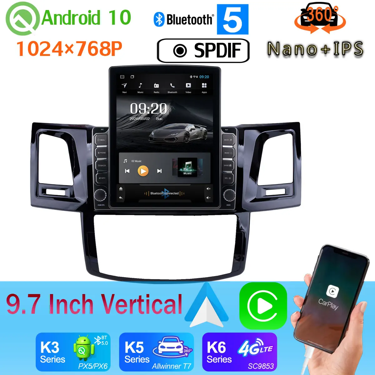 9 7 &quotВертикальный стиль автомобильный медиа GPS CarPlay Android 10 0 360 камера радио для Toyota