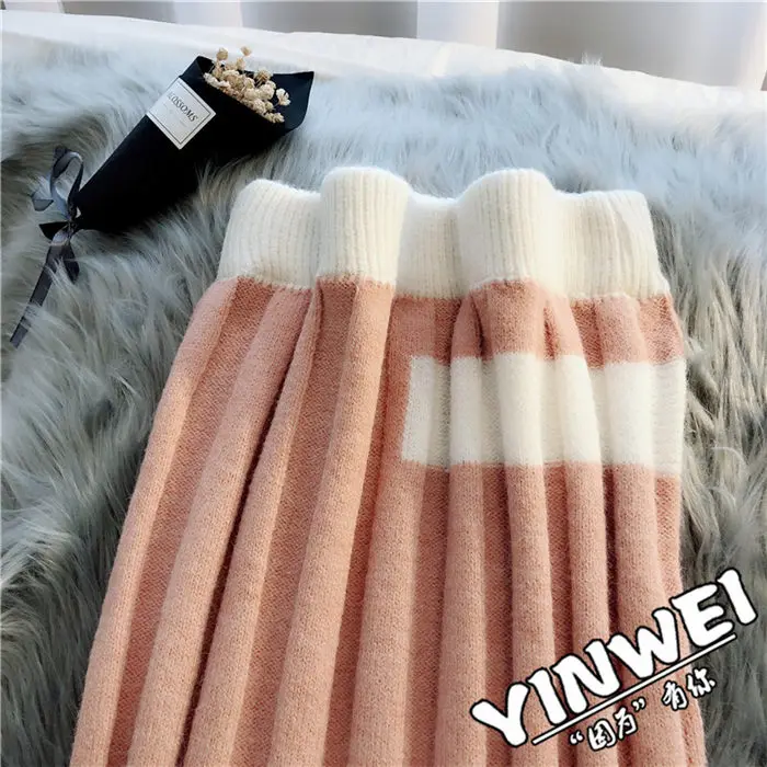Комплект из 2 предметов, женские юбки с v-образным вырезом, Модный повседневный вязаный свитер, пуловер и Плиссированные Свободные юбки, женские элегантные костюмы f1505
