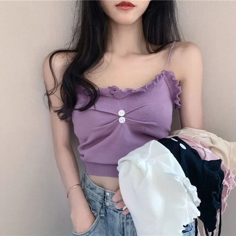 

Women's new summer hyuna style top slimmer with solid-colored wood trim and knit vest straps