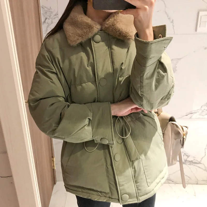 

chic Korean autumn winter retro Plush Lapel drawstring waist shows thin and thick warm cotton padded jacket