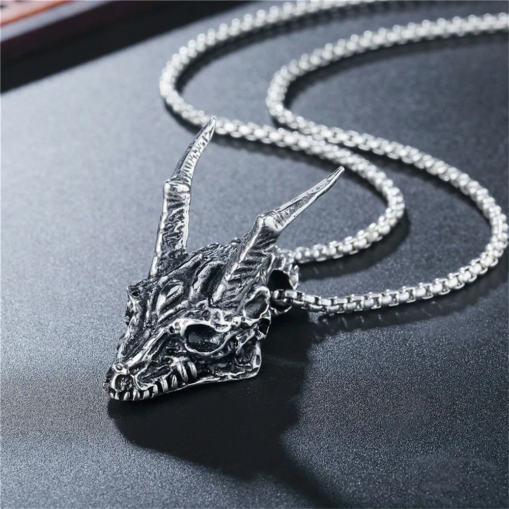 Fire Dragon Skull Head Stainless Steel Men Pendant 24" Necklace Chain Set