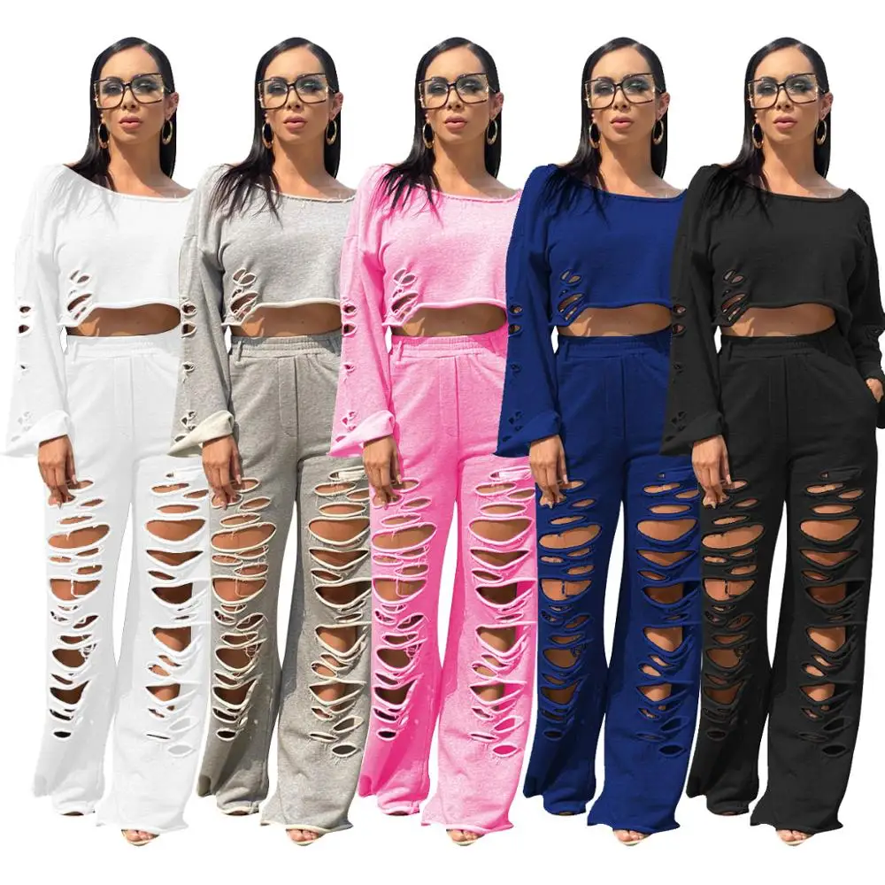 

Autumn Casual Hole Women Loose Set Two Pieces Set long Sleeve crop top + Pants Sportwear tracksuit women Clothes SoIid 5 Color