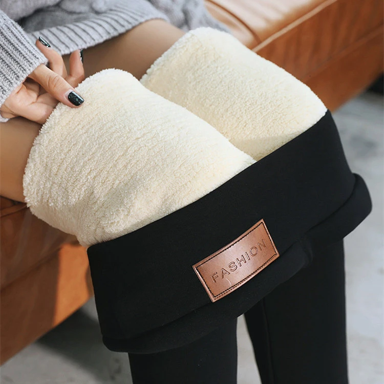 Black Casual Warm Pants 2020 New Winter Skinny Thick Velvet Wool Fleece Trousers Lambskin Cashmere For Women Leggings | Женская одежда