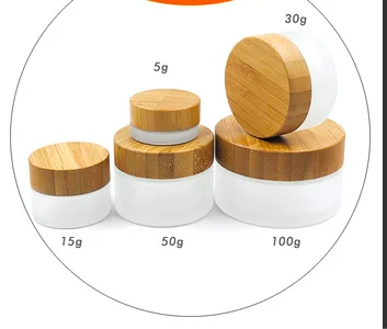 Frosted glass emulsion spray bottle Perfume bottles Skincare cream jar Mask Cosmetic packaging containers with wooden bamboo cap | Красота и