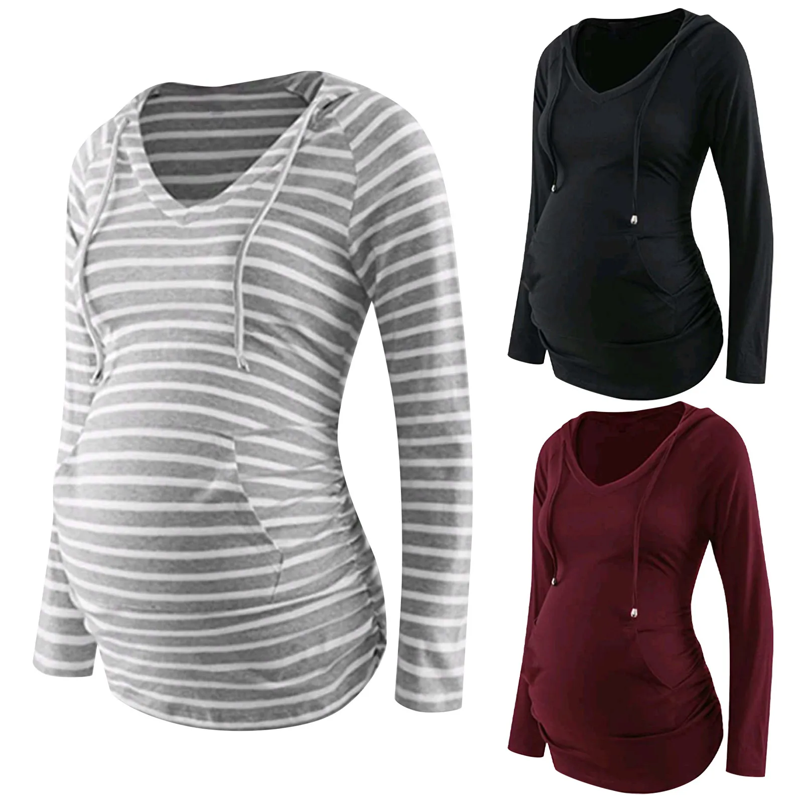 

Pregnant Women Clothes V-neck Hooded Long-sleeved Maternity T-shirt Sweatshirt Tops Pregnancy Clothing Nursing Casual Pregnant S