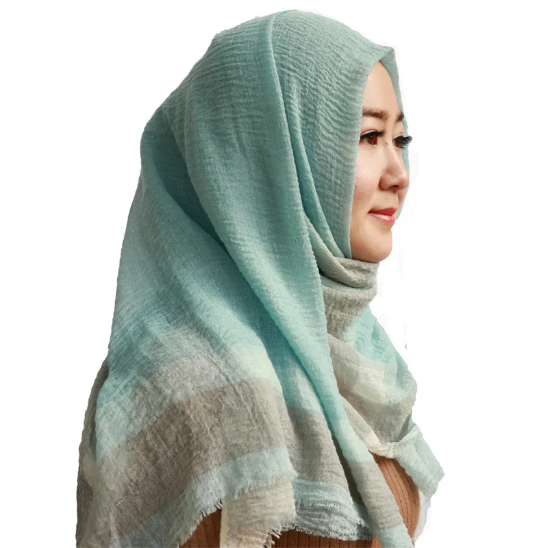 

cross-border wrinkled grid autumn/winter cotton hemp gradient color sunscreen shawl Muslim headscarf