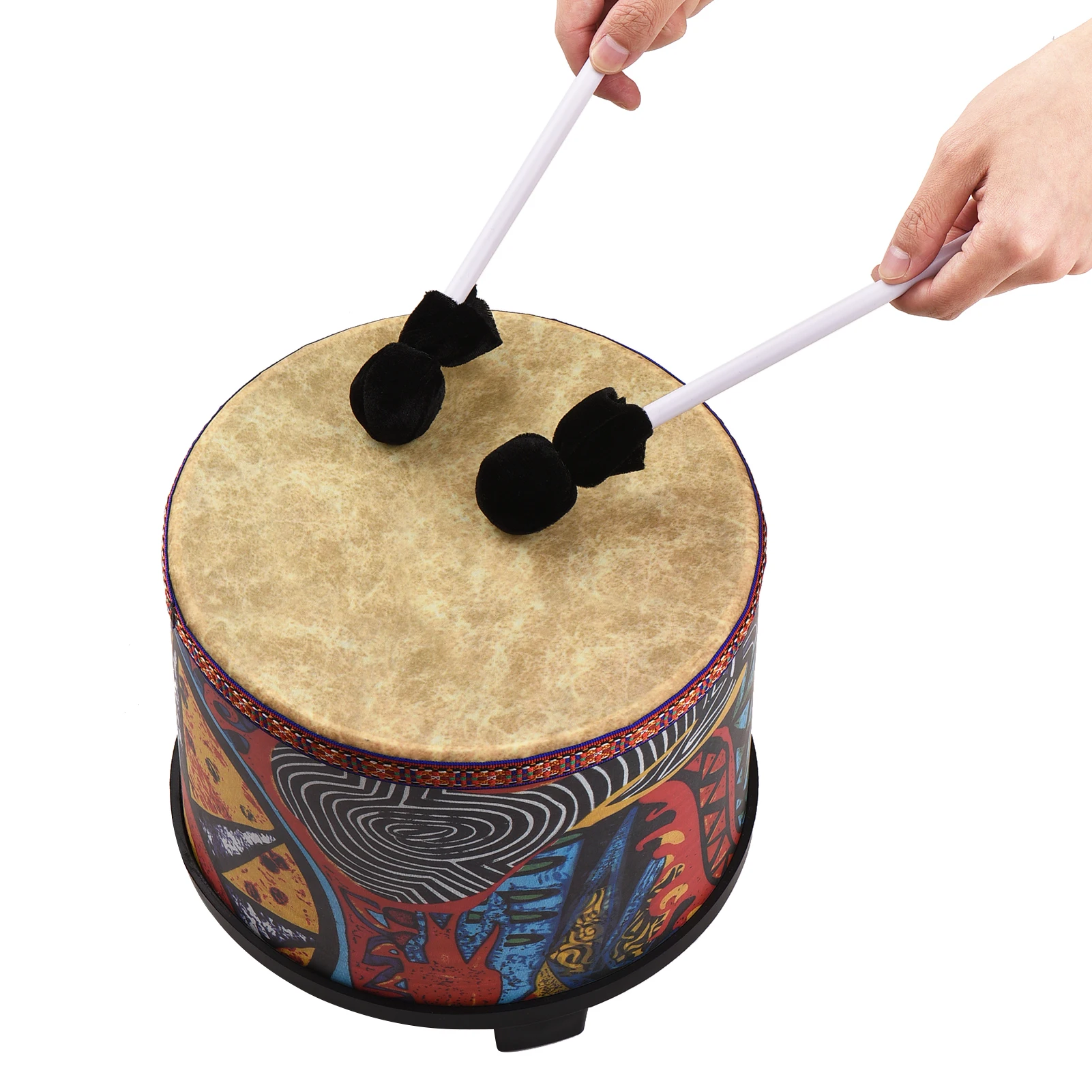 

10 Inch Wooden Floor Drum Gathering Carnival Percussion Instrument with 2 Mallets for Kids Children