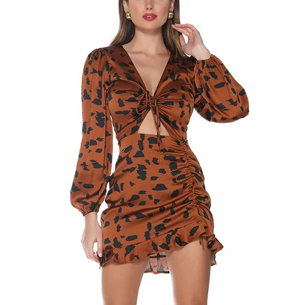 Leopard OOTN леопардовое платье с рюшами и завязками, женское сексуальное мини-платье с v-образным вырезом и пышными рукавами, Модные Винтажные женские платья с животным принтом - Цвет: Leopard