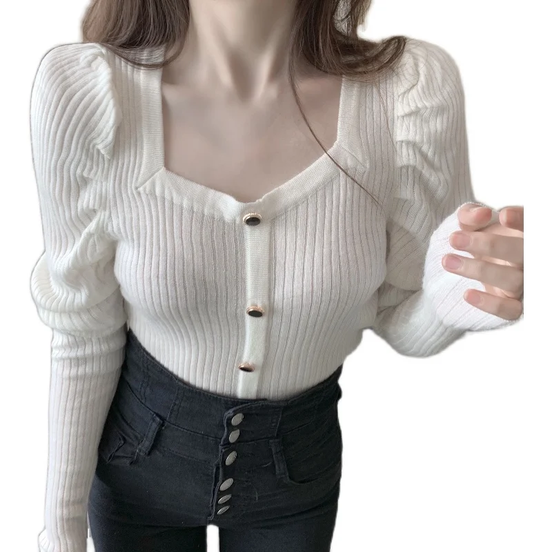 

Autumn Fashion Square Collar Pullover Tops Long-sleeved Women Sweater Slim Button All-match Knitted Sweater Bottoming Shirt Top