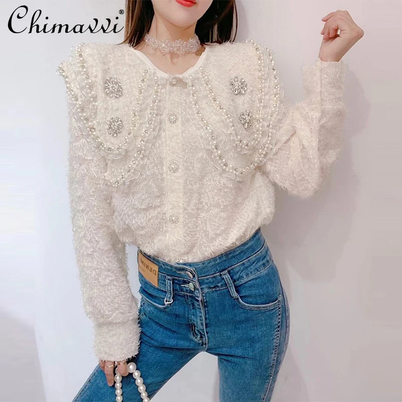 

Lace Shirt for Women 2021 Autumn Winter Korean Fashion Sweet Heavy Beads Doll Collar Thickened All-Matching Elegant Blouse