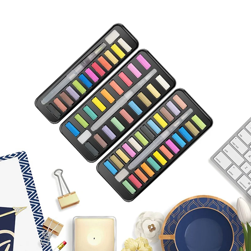 

Fashion New12/18/24Colors Portable Travel Solid Pigment Watercolor Paint Set With WaterColor Brush Pen For Painting Art Supplies