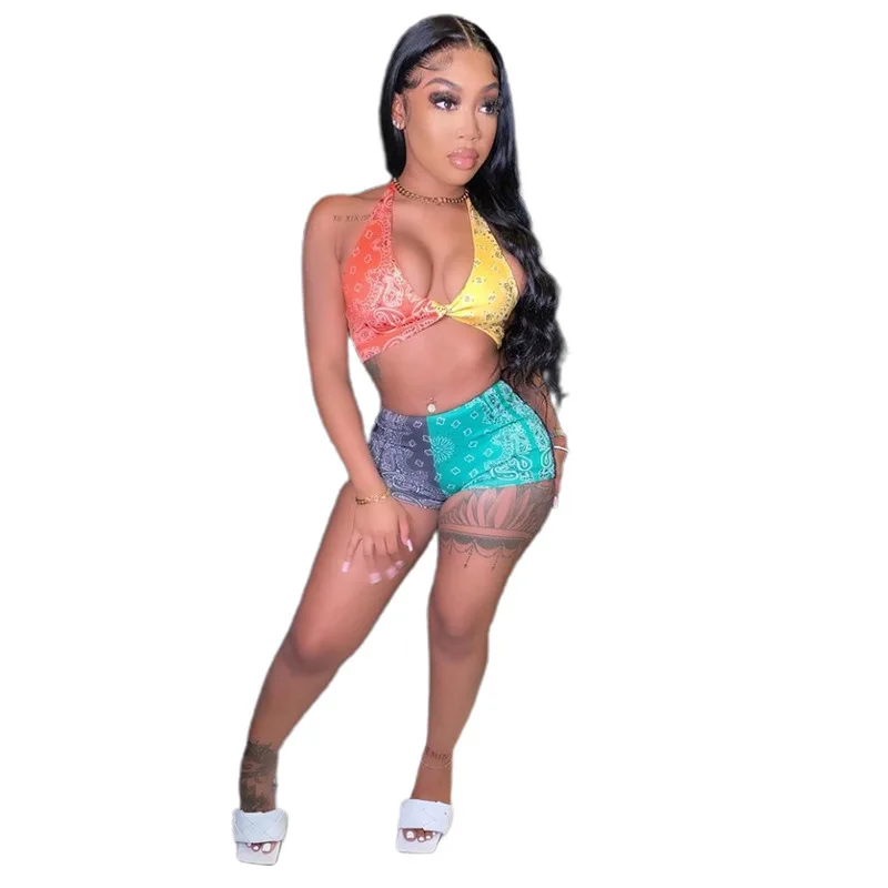 

Sexy Casual Sporty Matching Set Women Workout Active Beachwear Fitness 2 Piece Outfits 2021 Halter Top And Shorts Sets