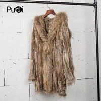 ct7010 women knitted real genuinereal rabbit fur coat overcoat jackets garment raccoon collar 80 cm length