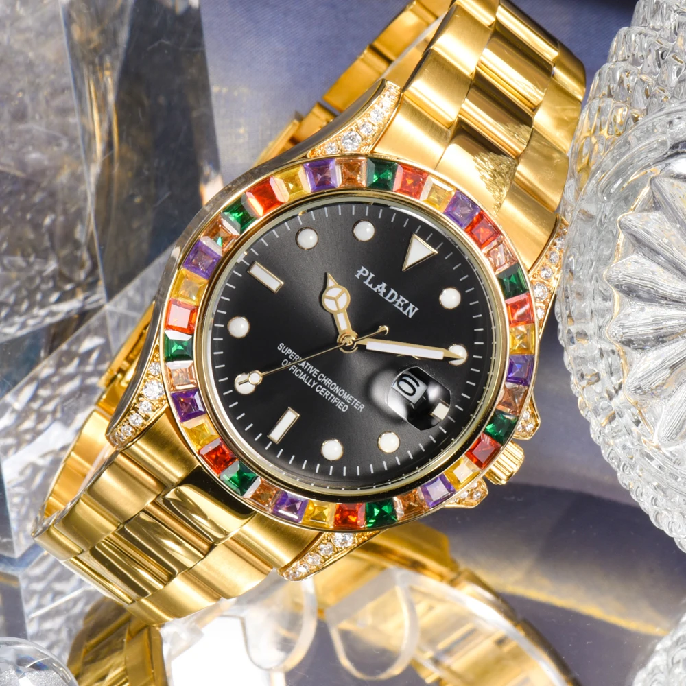 

PLADEN Candy Diamond Rolexable Submarinar Men Watch Sapphire 44mm Gold Men Wristwatches Waterproof Luxurious Swim Dive Man Watch