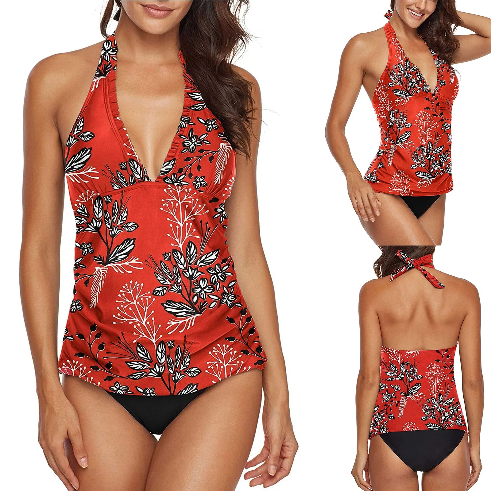 

Women Two-piece Leopard Print Bikini Swimsuit Beachwear Bathing Suit Snake Skin Two-piece swimsuit with big red flower print