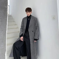 vintage streetwear fashion hip hip plaid splice loose long wool trench coat male windbreaker jacket outerwear