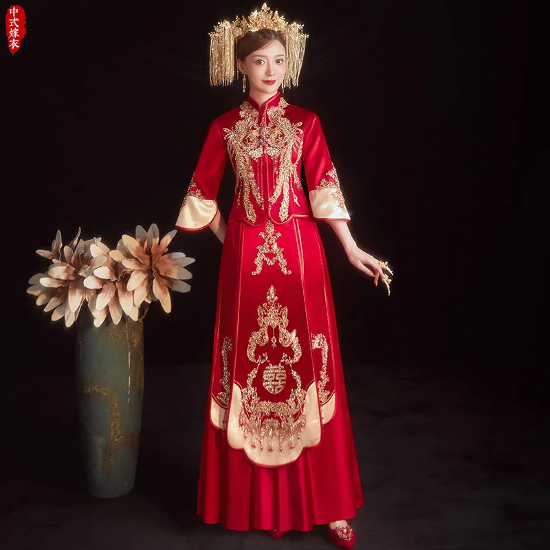 Sequins Embroidery Beading Tassle Cheongsam Traditional Chinese Couple Wedding Suit Elegant Bride Marry Dress китайская одежда