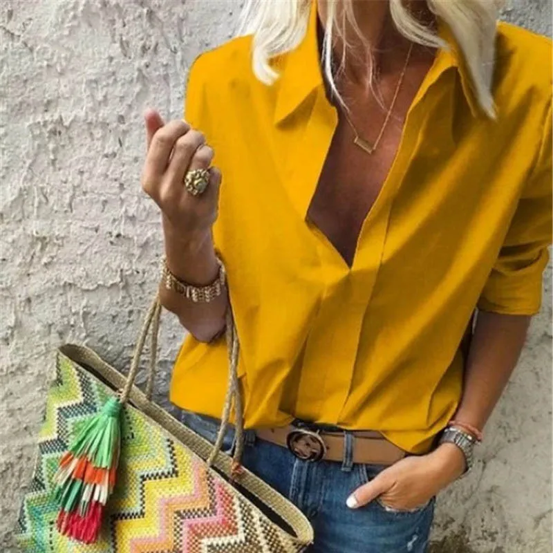 Solid Yellow Весенняя женская блузка для отдыха, топы, женские офисные блузки с цепным принтом, женские стильные блузки с длинным рукавом, женские 5XL - Цвет: Solid Yellow