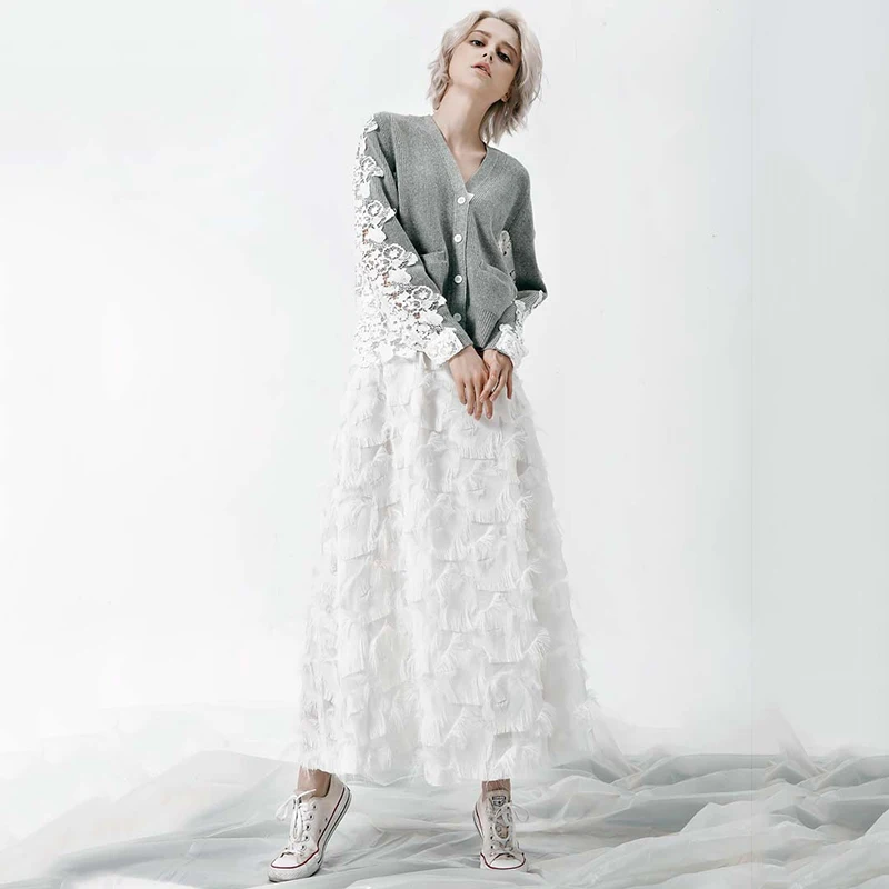 

[EAM] 2021 New Spring Autumn Fashion Tide Gray Patchwork Lace Long Sleeve Single Breasted V-neck Woman Shirt Blouse S626