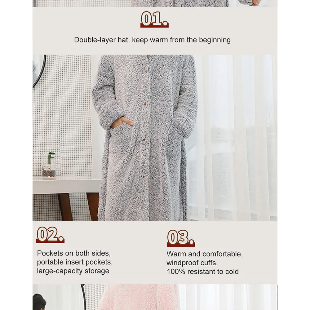 Winter Warm Flannel Buttons Bathrobe Female Hooded Loose Lengthen Thicken Solid Robes For Pregnant Woman Couples Night Dress 3XL