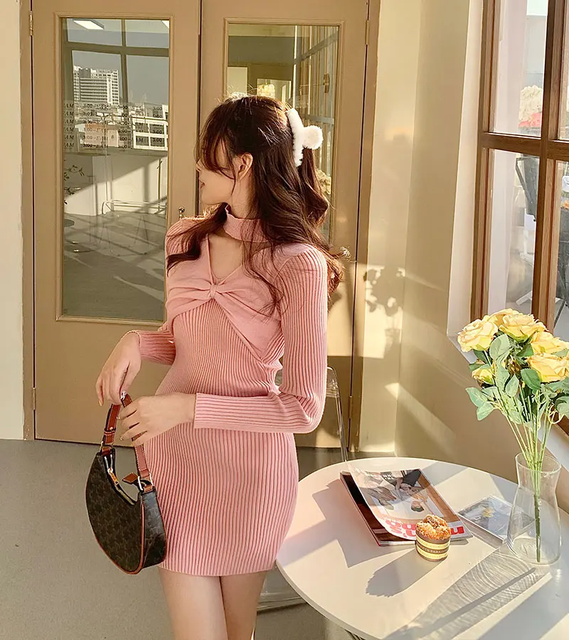 

Halter hollow v-neck knitted dress 2021 spring new bowknot slim sexy bottoming skirt