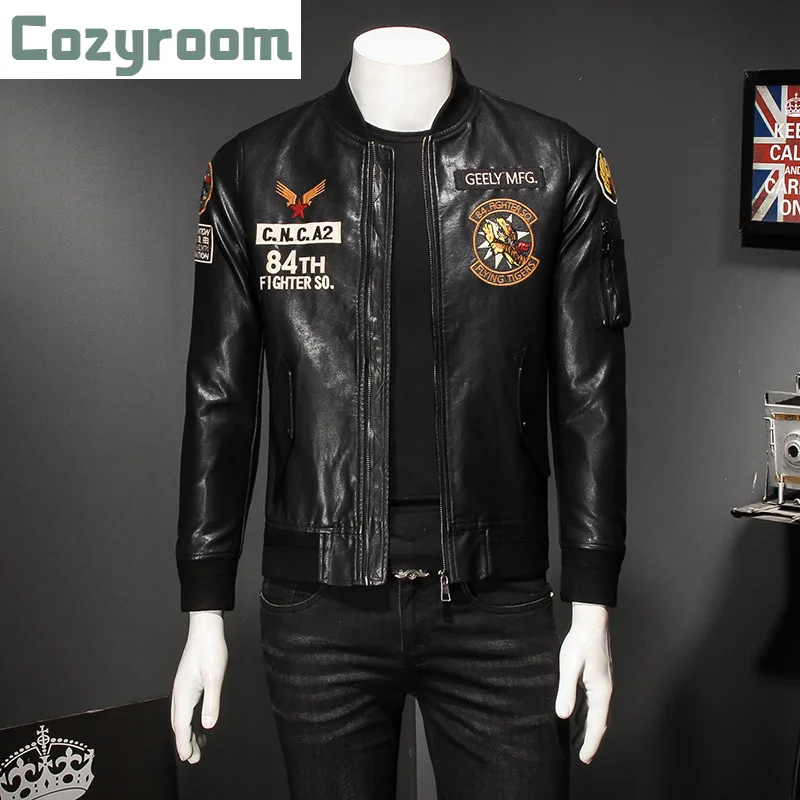 

New Baseball Collar Embroidery Male Leather Jacket Men Autumn Motorcycle Jacket Black Outerwear Faux Pu Leather Jacket 2021 Coat