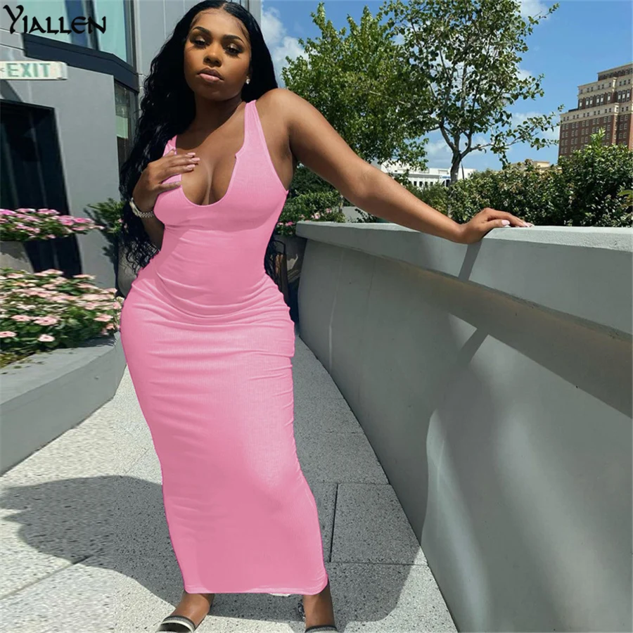 

Yiallen Summer Women Casual Streetwear Slim Solid Long Dress Y2K Fashion Club Streetwear Sleeveless V Neck Wild Basic Dress Hot