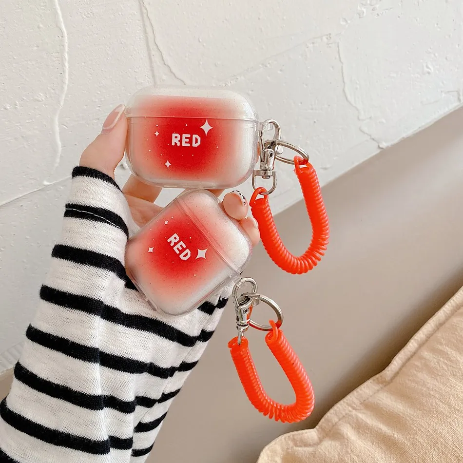 

For AirPods Case Fashion Gradient Red Glitter Soft TPU Earphone Case For AirPods 2 3 AirPods Pro Earphones Cover with Lanyard