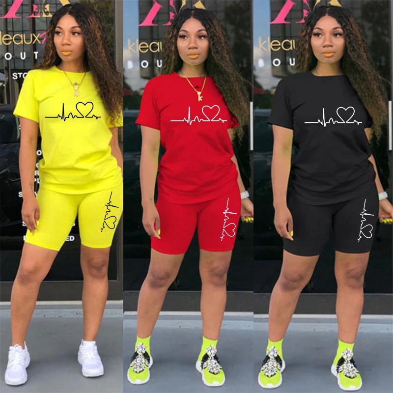 

Casual Tracksuit Women Two Piece Set Summer T-Shirts And Shorts sets Solid Color Print Short Sleeve Top Tees Female Suits S-4XL