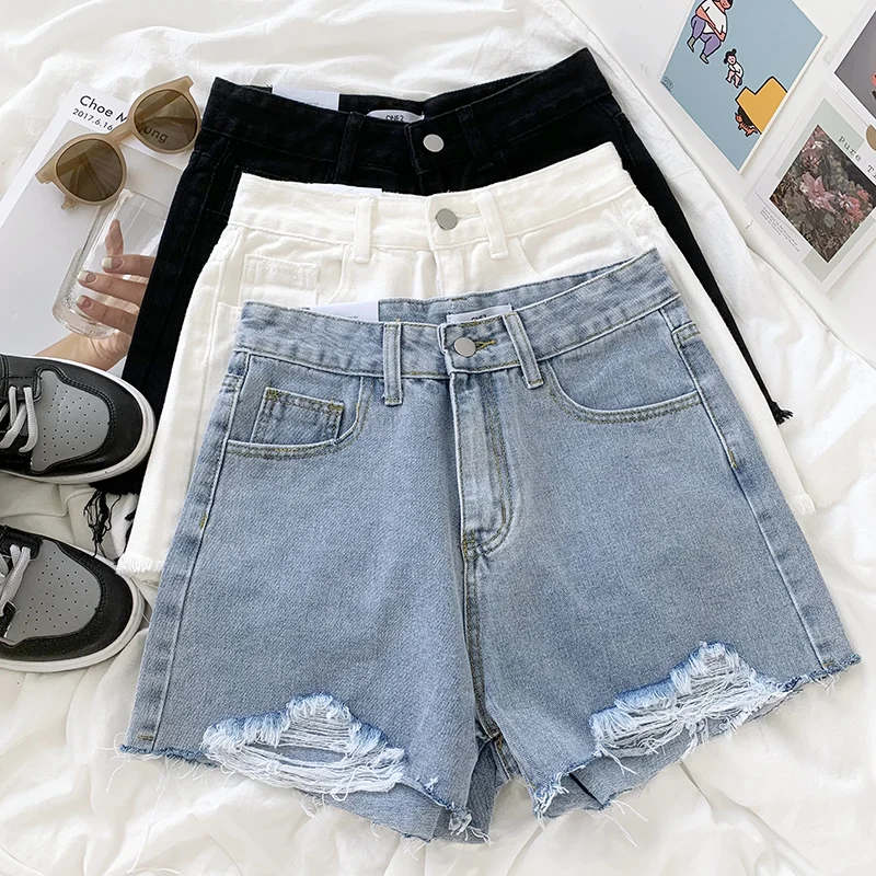 

Summer retro high waist hole tassel loose all-match denim shorts