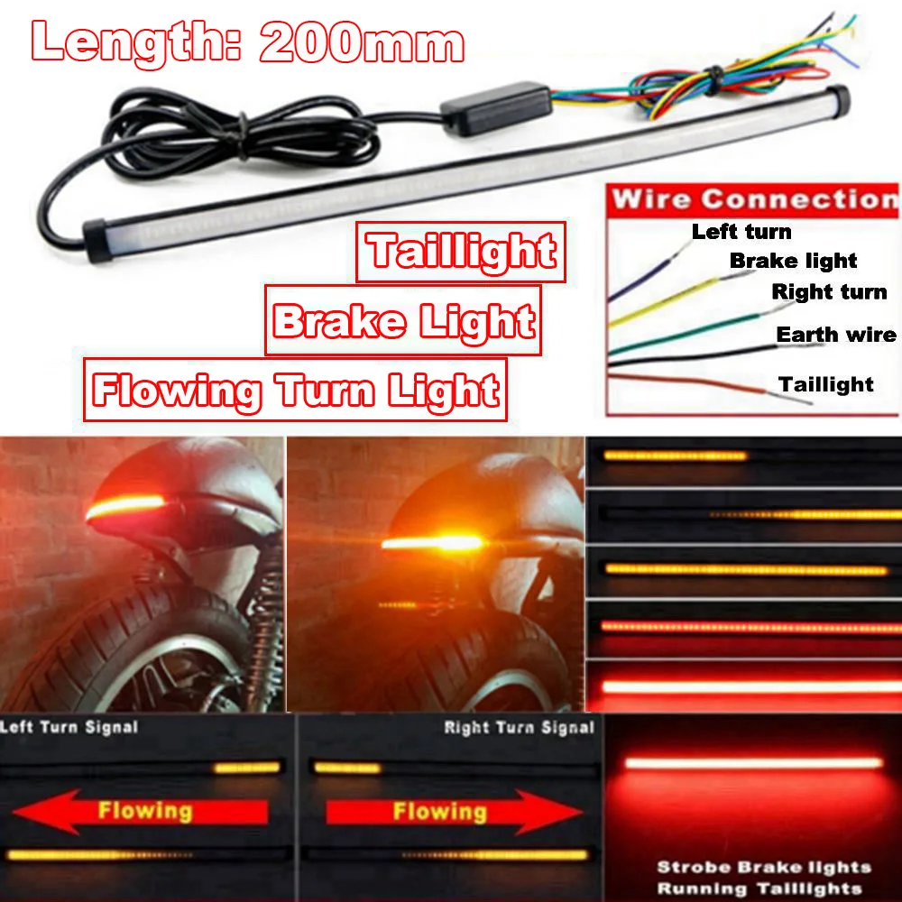 20/30/45cm Motorcycle Red Amber Flowing LED Light Strip Bar 12V 24V Tail Brake Turn Signal Strip Lights Parts For Truck Car