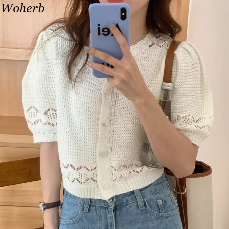 Woherb летний вязаный кардиган с вырезами свитер Женский шикарный укороченный топ