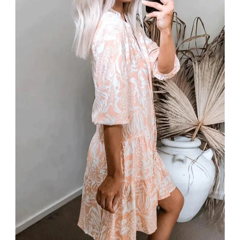 

2021 New Fashion Women's Flower Cotton Dress Loose Swing Women's Dress Large Size Street High Collar Casual Summer Sleeve Style