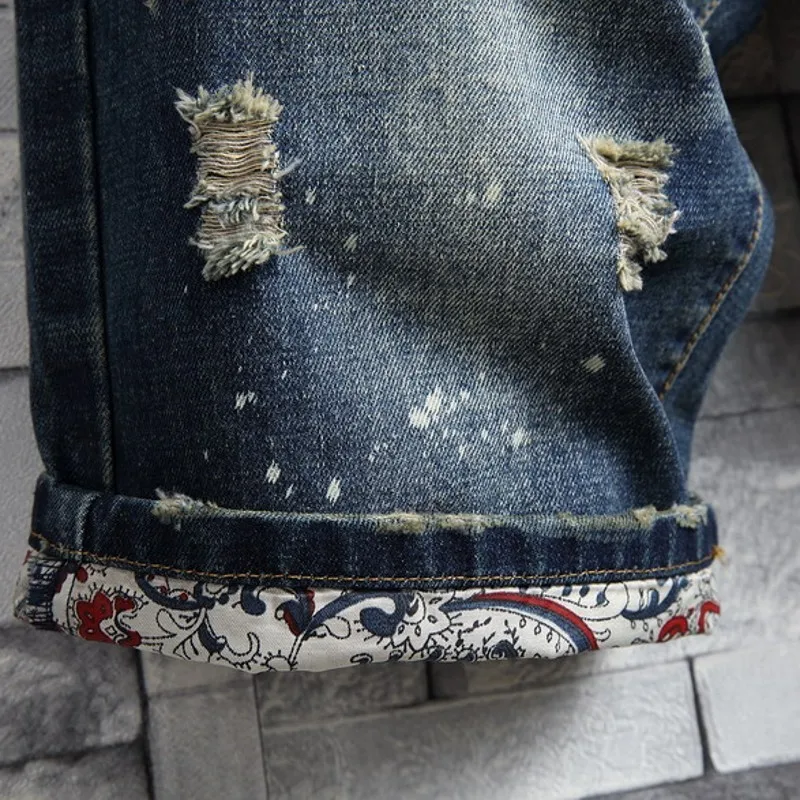 

Summer Mens Knee Length Hole Ripped Jeans Shorts Spliced Straight Denim Beach Shorts Plus Size 40 Man Slim Fit Short Trousers