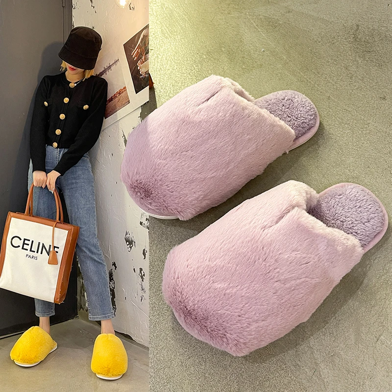 

2021 New Plain Yellow Furry Slippers Women's Fur Slides Girls Winter Home Shoes Ladies House Fluffy Slipper Big Size 40 41