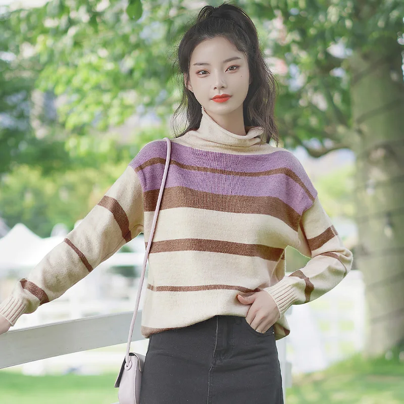 

Chic Khaki Autumn and Winter 2020 New Loose Color Matching Striped Sweater Base Pullover Inner Turtleneck Sweater Women's